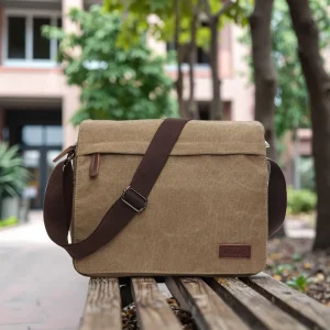 Men’s Classic Canvas Messenger Bag Single Shoulder Crossbody Zipper Closure Square Cotton Bag Solid Color