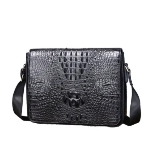 Men’s Classic Cowhide Crocodile Pattern Crossbody Bag Fashionable Casual Outdoor Shoulder Strap Polyester