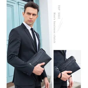 Men’s Clutch Bag Genuine Leather Business Handbag with Wrist Strap