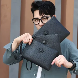 Men’s Clutch Bag PU Leather Ostrich Pattern Underarm Business Handbag Long Wallet All Seasons