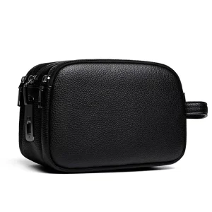 Men’s Clutch Bag Zipper Closure Large Capacity Litchi Pattern Casual Soft Leather Multi-pocket Polyester Lining Handbag