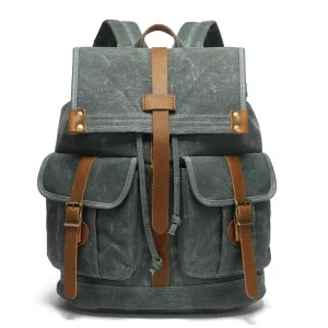 Men’s Coated Canvas Backpack with Laptop Pockets Waterproof Waxed Canvas Retro Backpack for Traveling Hiking
