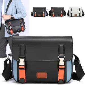 Men’s Color Block PU Leather Messenger Satchel Crossbody Shoulder Bag Large Capacity Custom Logo Geometric Pattern Zipper