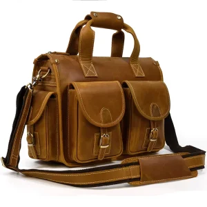 Men’s Cow Leather Briefcase Vintage Genuine Leather Crazy Horse Leather Tote Bags 14″ Laptop Business Bag