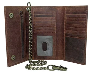 Men’s Cow Leather Crazy Horse Brown Long Checkbook Trifold Stainless Bronze Key Chain Wallet