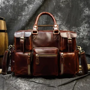 Men’s Cowhide Genuine Leather Business Briefcase Multi Pocket Hand Held or Shoulder Carried Casual Travel Waterproof Feature