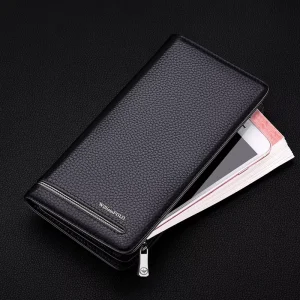 Men’s Cowhide Leather RFID Credit Card Holder Wallet Long Zipper Folding Anti-Theft Clutch Bag Mobile Phone Compatible