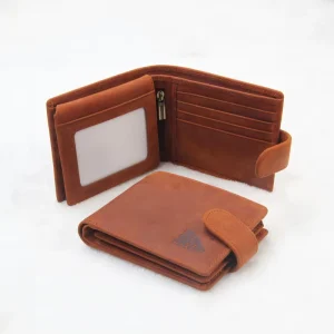 Men’s Cowhide Multi-Card Slot Zipper Wallet with Anti-theft Chain Crazy Horse Leather Coin Purse