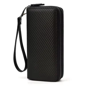 Men’s Crazy Horse Genuine Leather Long Portable Double Zipper Double Layer Vintage Wallet Clutch Phone Bag