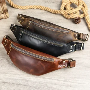 Men’s Crazy Horse Genuine Leather Waist Bag Vintage Style Slim Hiking Daypack Zipper Crossbody Chest Sling Leather Fanny Pack