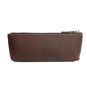 Men’s Crazy Horse Head Layered Genuine Leather Long Pen Case, Large Capacity Student Youth Pencil Stationery Bag