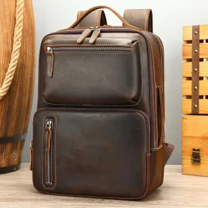 Men’s Crazy Horse Leather 16 Inch Laptop Backpack Large Capacity Travel Backpack Genuine Leather Backpack for Men