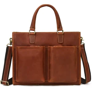 Men’s Crazy Horse Leather Briefcase 15 Inch Leather Messenger Bag Laptop Shoulder Bags
