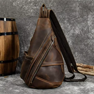 Men’s Crazy Horse Leather Crossbody Bag Real Leather Chest Bag Causal Backpack Genuine Leather Daypack Shoulder Bag
