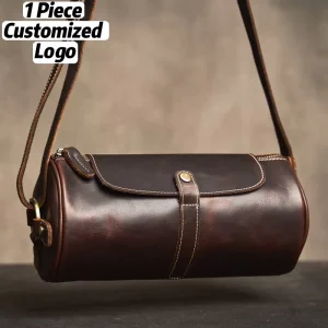 Men’s Crazy Horse Leather Cylinder Bag Genuine Leather Large Capacity Single-Shoulder Crossbody