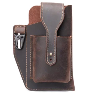 Men’s Crazy Horse Leather Waist Bag Wear Belt Button Closure Sports Tactical Pocket Phone Holster Mobile Phone Waist Bag
