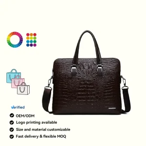 Men’s Crocodile Pattern Business Handbag Large-Capacity Waterproof PU Single Shoulder Briefcase Laptop Gift Bag