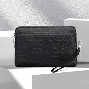 Men’s Crocodile Pattern Genuine Leather Clutch Bag Large Capacity Anti-Theft Fashionable Polyester