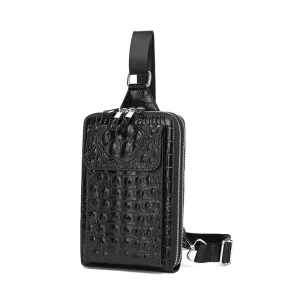 Men’s Crocodile Pattern Shoulder Bag Fashion PU Leather Casual Outdoor USB Chest Bags for Men