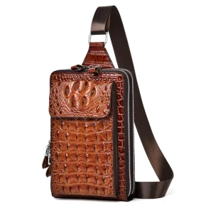 Men’s Crocodile Pattern Waterproof PU Leather Zipper Closure Casual Outdoor Chest Shoulder Bag with USB Port