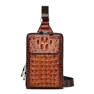 Men’s Crocodile Pattern Waterproof PU Leather Zipper Closure Casual Outdoor Chest & Shoulder Bag with USB Port