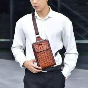 Men’s Crocodile Pattern Waterproof PU Leather Zipper Closure Casual Outdoor Chest & Shoulder Bag with USB Port