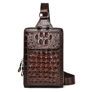 Men’s Crocodile Pattern Waterproof PU Leather Zipper Closure Casual Outdoor Chest Shoulder Bag with USB Port