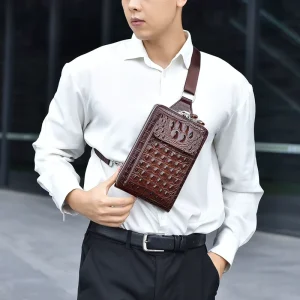 Men’s Crocodile Pattern Waterproof PU Leather Zipper Closure Casual Outdoor Chest & Shoulder Bag with USB Port