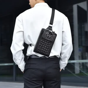 Men’s Crocodile Pattern Waterproof PU Leather Zipper Closure Casual Outdoor Chest & Shoulder Bag with USB Port