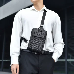 Men’s Crocodile Pattern Waterproof PU Leather Zipper Closure Casual Outdoor Chest & Shoulder Bag with USB Port