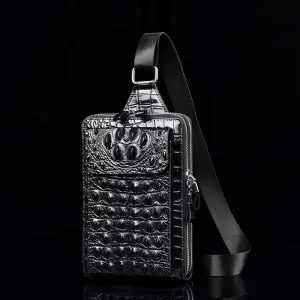 Men’s Crocodile Pattern Waterproof PU Leather Zipper Closure Casual Outdoor Chest & Shoulder Bag with USB Port
