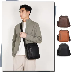 Men’s Crossbody Bag Fashion Casual Messenger Bag Waterproof Phone Bag with Zipper Closure and Durable Pu Leather