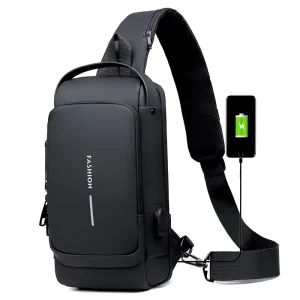 Men’s Crossbody Bag Fashionable Waterproof Chest Sling with USB Charging Nylon Material Candy Pattern Travel Friendly