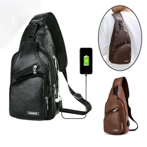 Men’s Crossbody Bags PU Leather Polyester Chest Pack with USB Port Sling Backpack Trend Shoulder Bag for Men Travel Chest Bags