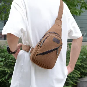 Men’s Crossbody Chest Bag Canvas Logo Zipper Closure Breathable Multi-function Outdoor Sports Mobile Phone Waist Pack