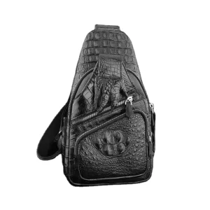 Men’s Crossbody Chest Shoulder Bag Genuine Black Crocodile Skin Leather Stylish Fashion