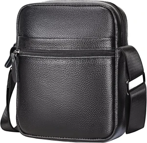 Men’s Crossbody Shoulder Bag Genuine Leather Small Messenger Satchel for Work Business Travel Black Side Purse