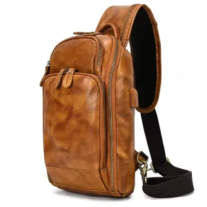 Men’s Crossbody Shoulder Chest Bag Vegetable Tanned Leather with USB