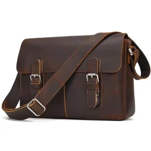 Men’s Custom Genuine Leather Vintage Sling Messenger Bag Buckle Closure All Seasons Waterproof Durable High Quality