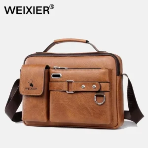 Men’s Custom Logo Vintage Business Outdoor Travel Daily Multiple Pockets PU Leather Crossbody Messenger Bag