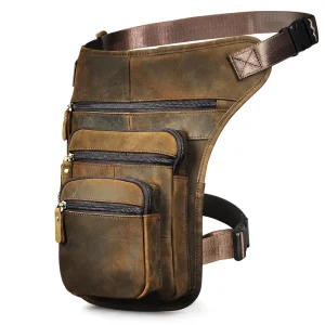 Men’s Daily Style First Layer Cowhide Waist Bag Zipper Closure Outdoor Thigh Bag Colorful Customizable Logo Water Proof