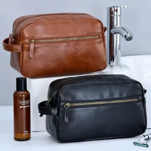 Men’s Double Layer PU Leather High Value Handbag Large Capacity Multifunctional Cosmetic Bag Zipper Waterproof Portable Tote Bag