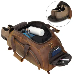 Men’s Duffel Backpack Multifunction Full Grain Cowhide Leather Weekender Travel Bag with Zipper Closure