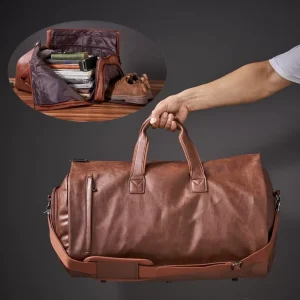 Men’s Duffel Travelling Bag PU Leather Custom Logo Zippered Closure Oxford Cloth Business Suits Foldable
