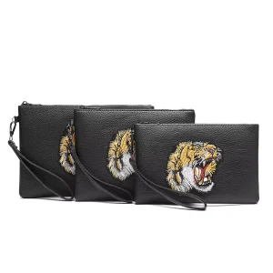 Men’s Embroidery Tiger Head Different Size Soft Leather Business Men’s Handbag Clutch Bag Wallet