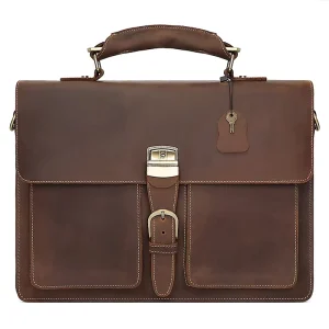 Men’s European American Vintage Genuine Leather Crazy Horse Handbag Zipper Closure 15.6 Inch Laptop Bag Single Briefcase