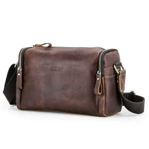 Men’s Everyday Carry Shoulder Bag with 2 Side Zipper Pockets Vintage Crazy Horse Genuine Leather Crossbody Bag for 8.3” Ipad