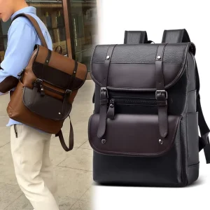 Men’s Fashion Backpack Large Capacity Waterproof PU Polyester Trendy Computer Bag for Senior High School College Students Campus