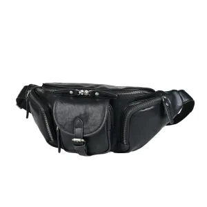 Men’s Fashion Big Size Black Genuine Leather Sling Chest Bag Multi-Functional Adjustable Strap Zipper Closure Bag
