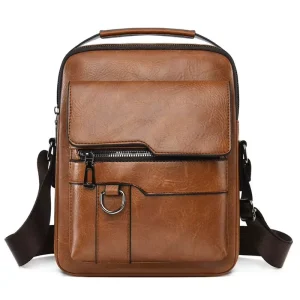Men’s Fashion Business England Style PU Leather Messenger Bag Solid Color Zipper Closure Waterproof Daily Crossbody Bag